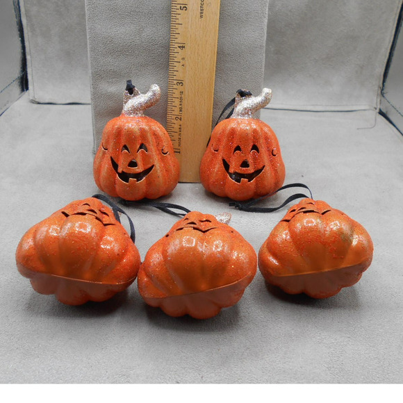 Pier 1 Imports Halloween Ornament Glitter Pumpkin Metal Bell Lot of 5 - Picture 5 of 5